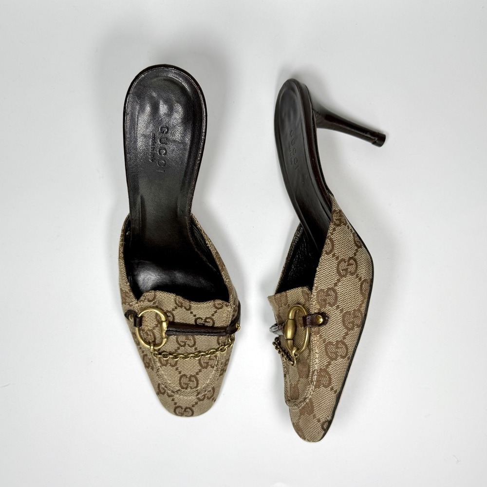 Vintage Gucci Monogram Horsebit Mule Heels in Beige / Brown / Gold size 7b - Picture 3 of 7